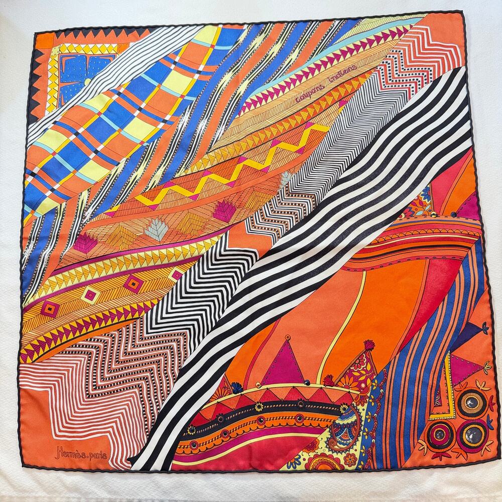 Hermes Paris "Coupons Indiens" 100% Silk Vintage Rolled Edge Pocket Square